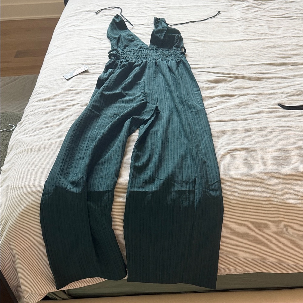 Blush Teal Green Wide-Leg Smocked Jumpsuit